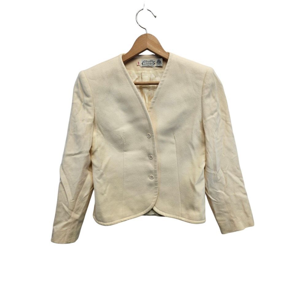 Vintage The Villager Pure Wool Cream Light Yellow 3 Button Blazer Womens Size 10
